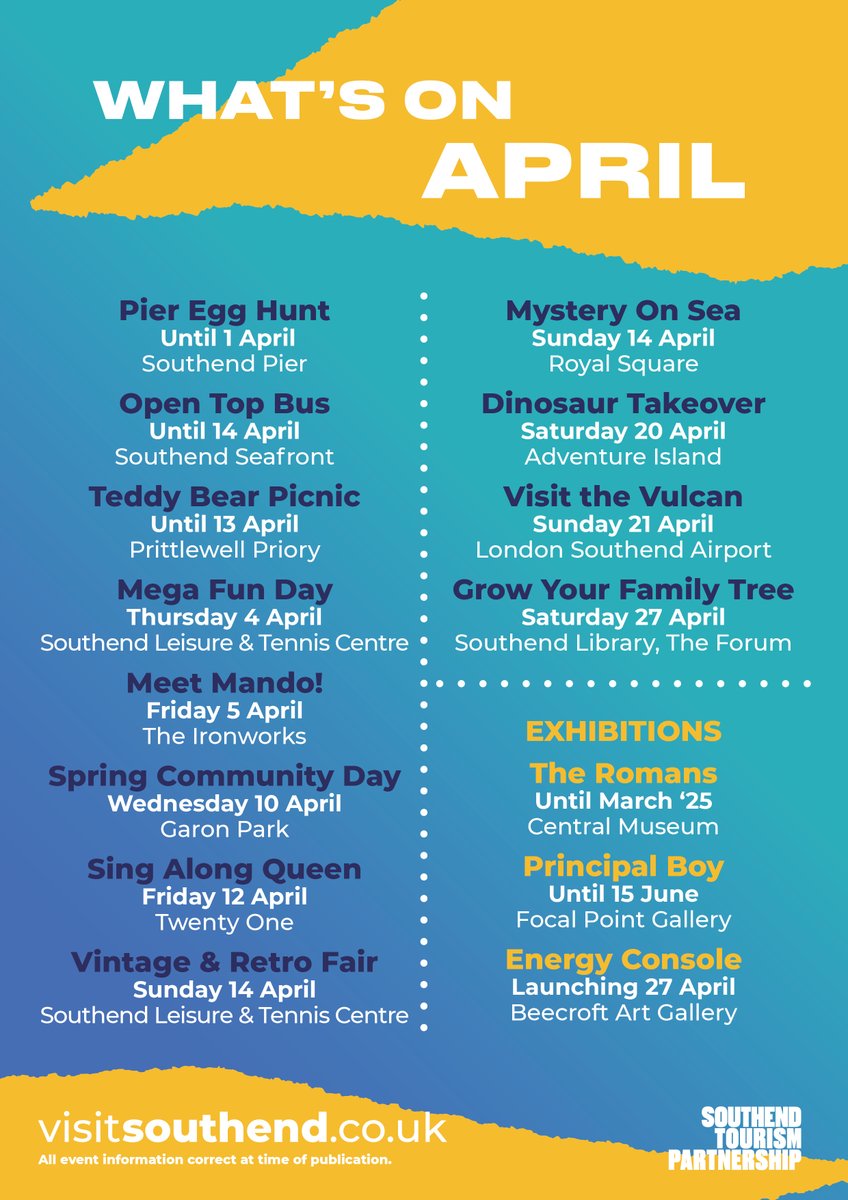 WHAT'S ON APRIL 🐰💐 Spring into April with some splendid Southend events 🤩 This is just a highlight of the fab events in Southend. Find more on our website👉 visitsouthend.co.uk/whatson