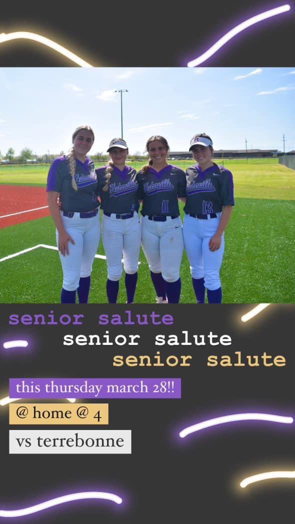 SENIOR SALUTE 🥎🐅 📆 Thursday, March 28 ⌚️ 4:00 PM 📍 Hahnville High School 🎟️ gofan.co/event/1479840?… 🎒NO bags larger than 6”x4” except for clear bags no larger than 12”x12” - see full safety protocols at stcharles.k12.la.us/cms/lib/LA0190…