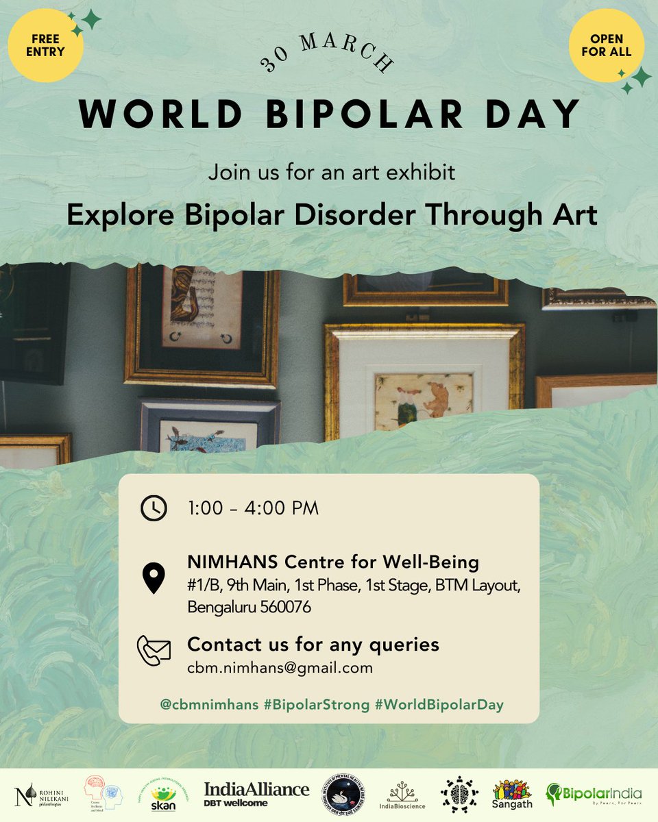 Join us this Saturday, 30th March for an exciting art exhibit to explore Bipolar Disorder though Art! Visit us at the NIMHANS Centre for Well-Being, BTM Layout, Bangalore from 1 pm onwards #WorldBipolarDay #BipolarStrong #WBD2024