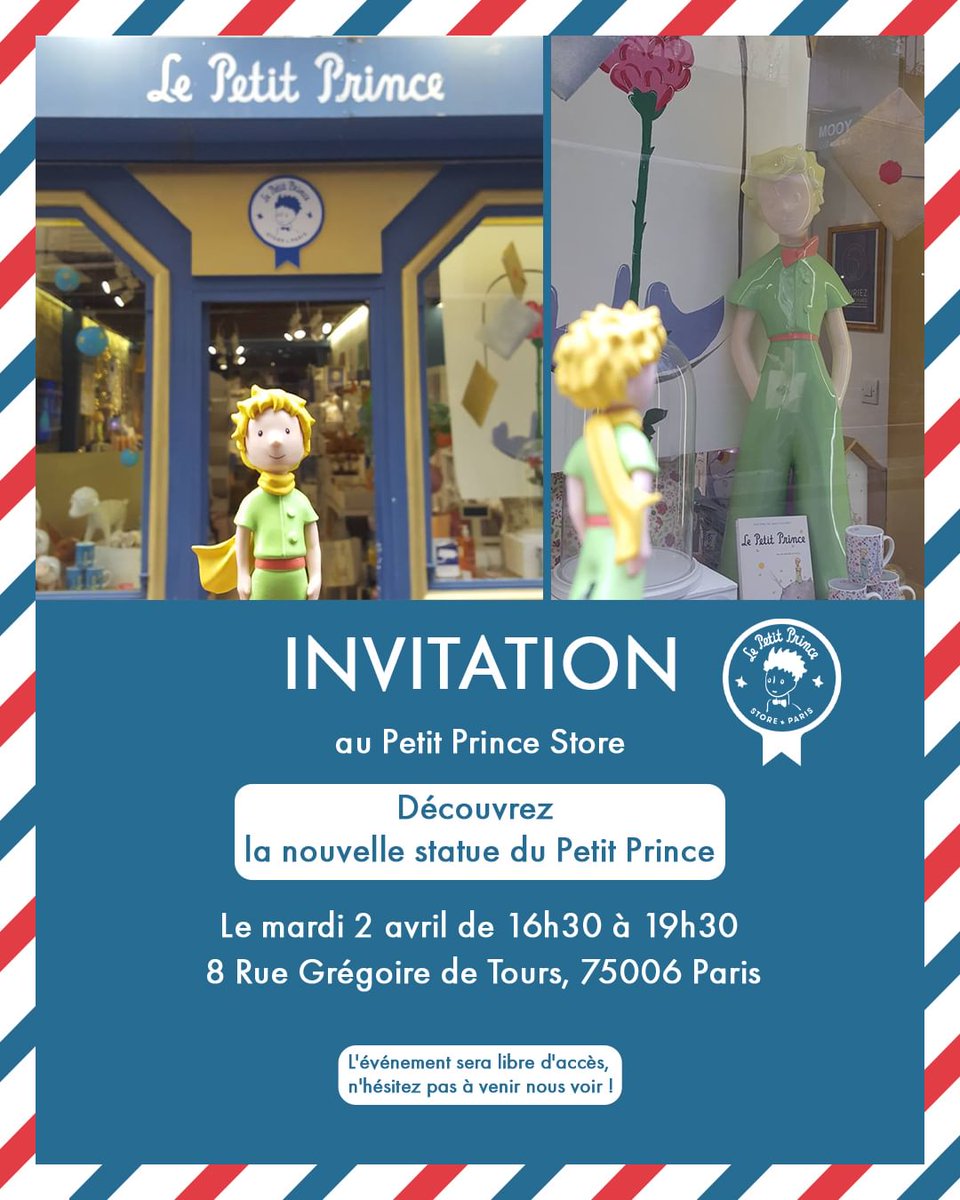 💌 Vous avez reçu une invitation du Petit Prince ! Rejoignez-nous autour d’une pause sucrée au Petit Prince Store, pour découvrir la nouvelle statue du Petit Prince 110 cm de Neamedia Icons ! 👑🪐 📅Mardi 2 avril, de 16h30 à 19h30 📍8 rue Grégoire de Tours, Paris 6e