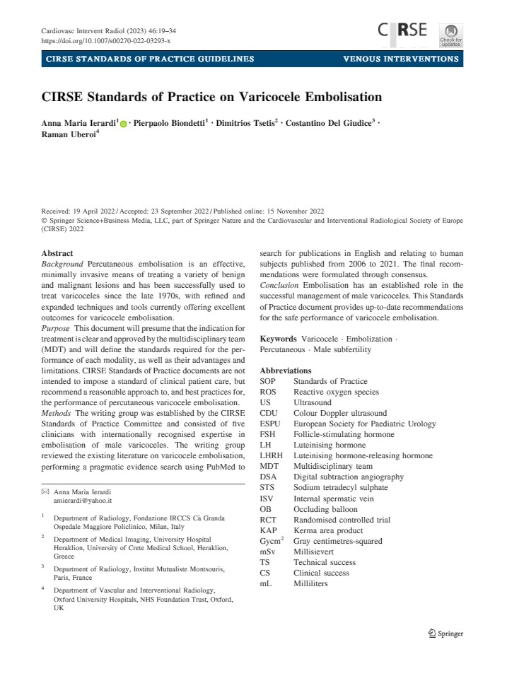 📚 Regarding our last post about varicocele embolization, read the #CIRSEsociety standards of practice document (#SoP) about up-to-date recommendations for the safe performance of this procedure. shorturl.at/diHNX #CVIR #IRad #womenshealth #varicoceleembolization
