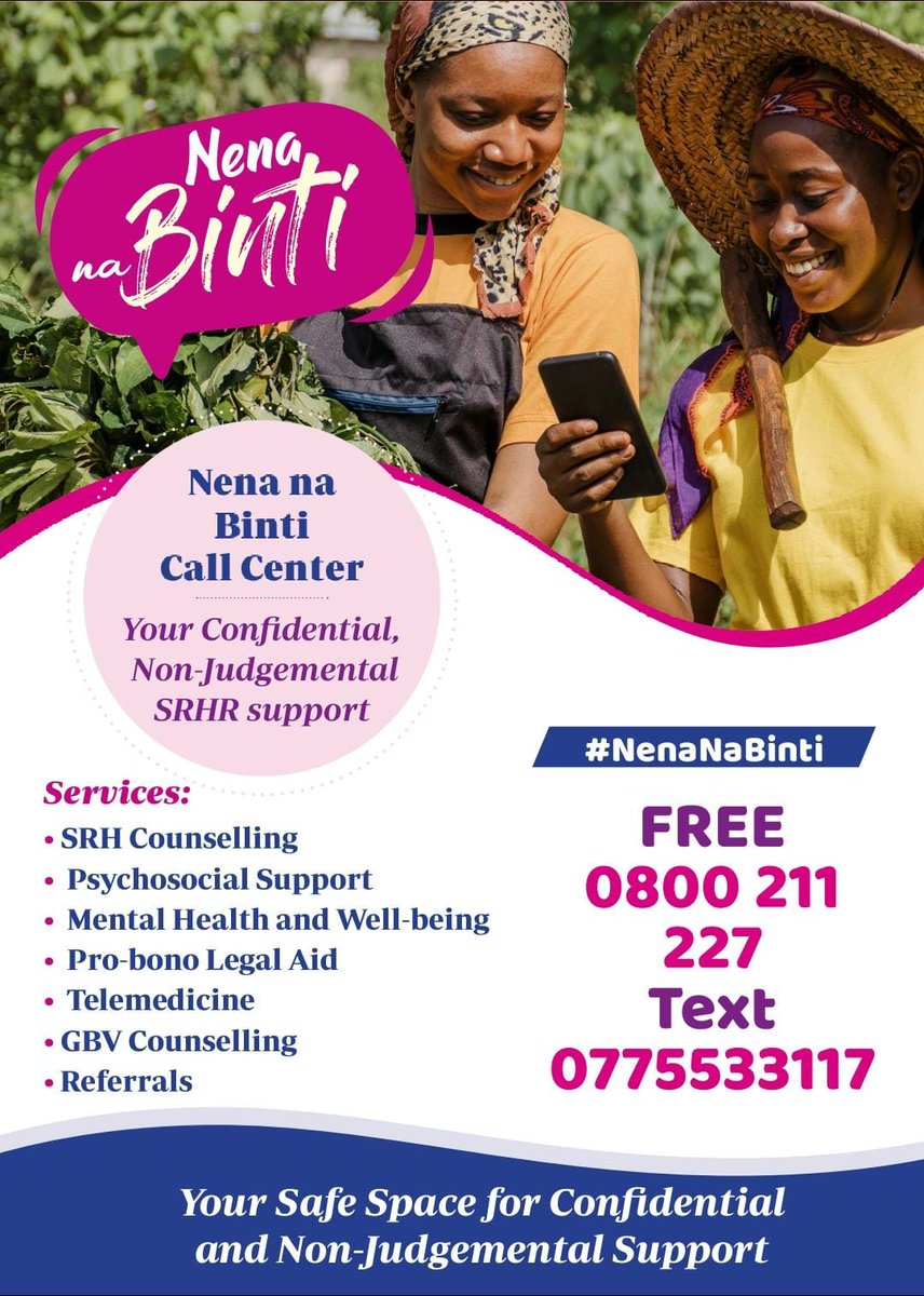 NenaNaBinti's tweet photo. When it comes to sexual and reproductive health, having accurate information is crucial.
That's why at #NenaNaBinti, we're here to offer a toll-free hotline staffed by trained counselors who are available around the clock to provide support &amp; guidance.
Call us anytime, Let's talk https://t.co/miBVuPq5RI