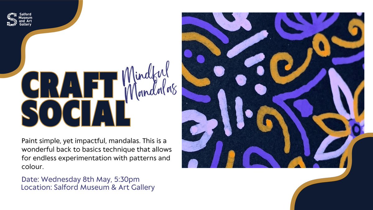 Join us @SalfordMuseum on 8 May for our #CraftSocial. Join local artist @carolinecoates for a fun-filled evening & learn a new skill & connect with fellow craft enthusiasts. In this session, we'll be painting simple, yet impactful, mandalas. buff.ly/3TVMakz