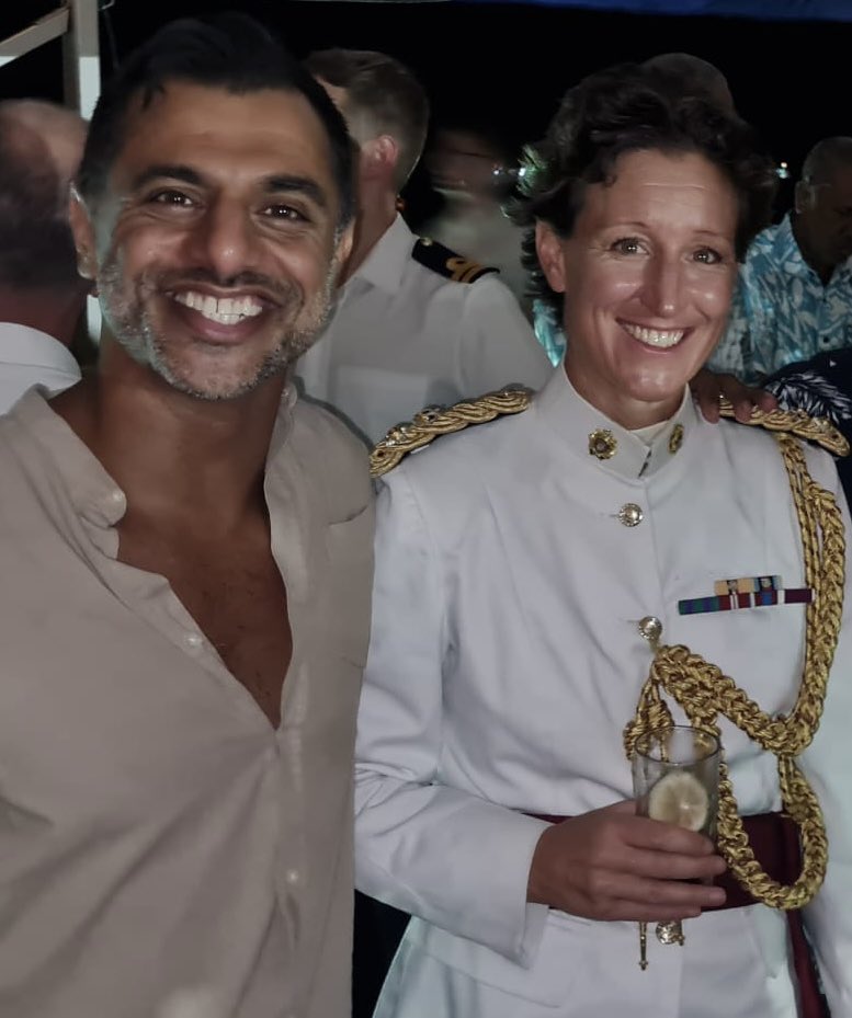 So proud to host a beautiful array of @ukinfiji guests aboard @hms_tamar. She patrolled 🇫🇯 🌊 with embarked Fiji Fisheries, @FijiNavy and NZ 🇳🇿 Boarding Team; countering illegal fishing - and agreed to throw a reception! A lovely evening 🥂 with highly valued friends and guests.