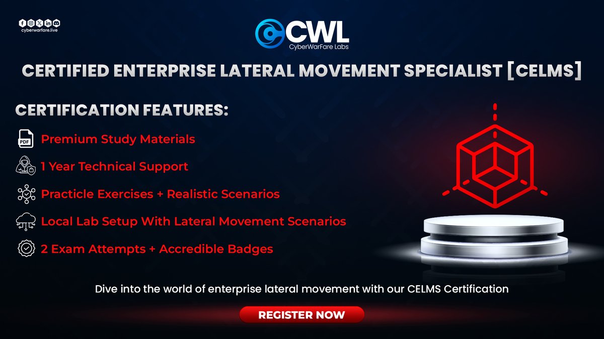 cyberwarfarelab's tweet photo. Take your cybersecurity skills to the next level by mastering enterprise lateral movement with our CELMS course.🚀
👉🏻Enroll today: https://t.co/BhRbM1REG6
#celms #CyberSecurity https://t.co/xmA8t3LZOM
