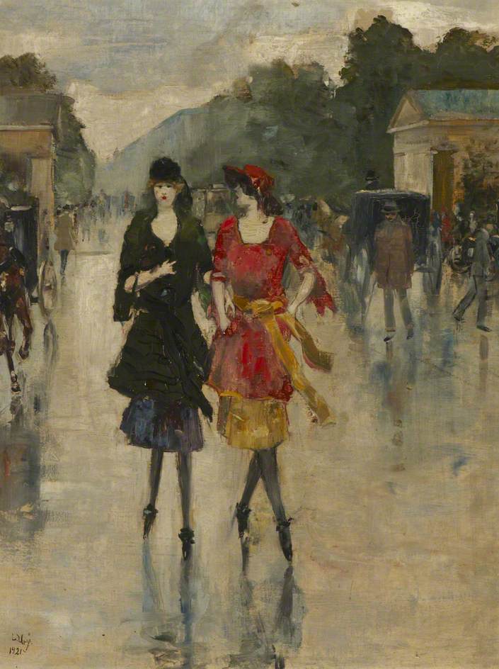 Inspired by French Impressionists & their depiction of city life in Paris, Lesser Ury painted Berlin in the same manner. Two women strut down the street in the latest fashions, bright clothing standing out against drab surroundings #OnlineArtExchange @artukdotorg @BenUriOnline