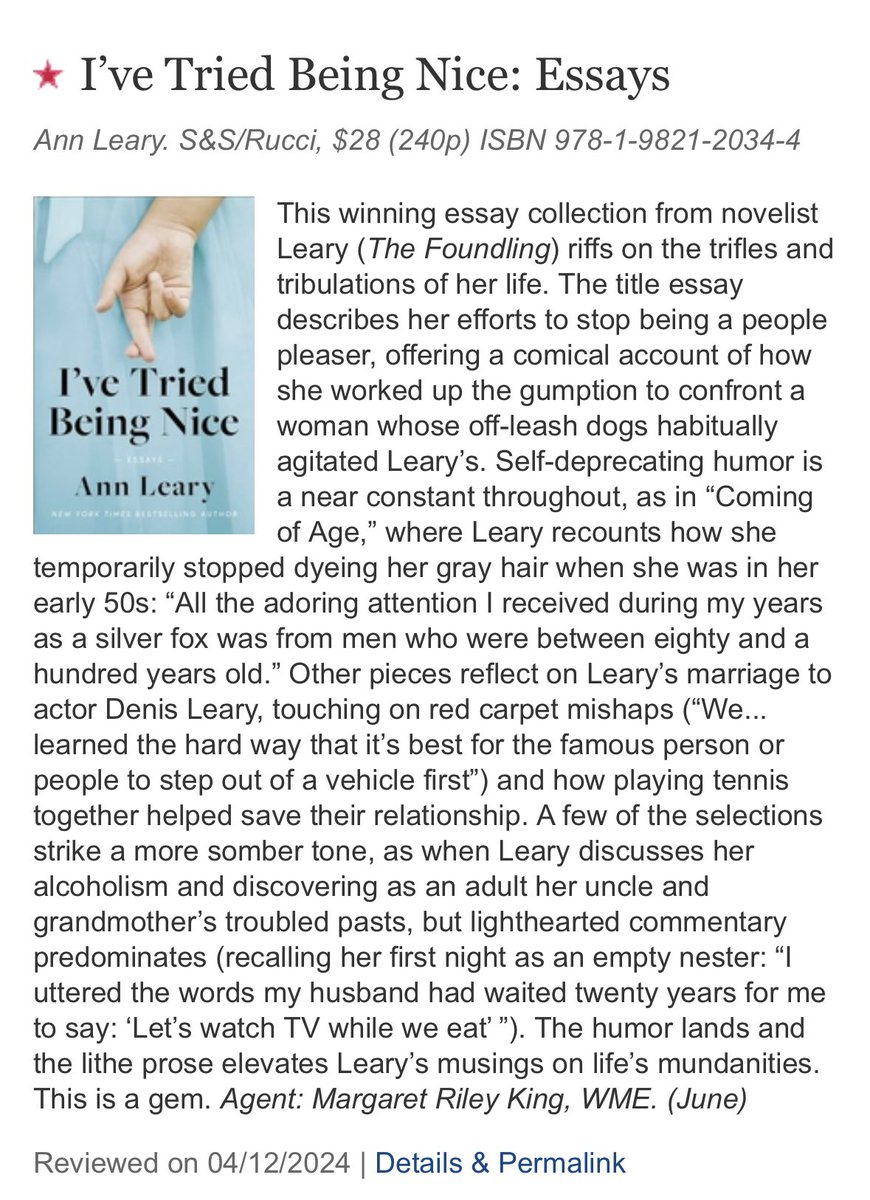 Thank you @PublishersWkly for your very kind review of my new essay collection I’VE TRIED BEING NICE. Coming to bookstores June 4, 2024 #books #writers @denisleary @MSRBooks @WMEBooks