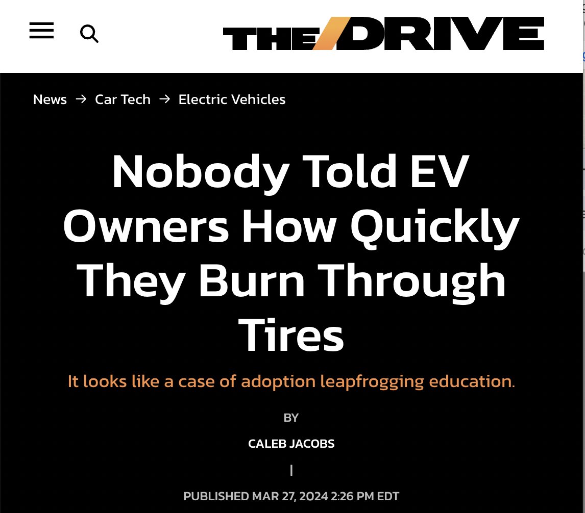 Rapid tire wear isn't just a problem for EV owners. Tire particles end up in waterways, where they kill fish. And we don't know how they affect human health when we breathe them in. The problem only exists b/c so many EVs are bloated and overpowered. thedrive.com/news/nobody-to…