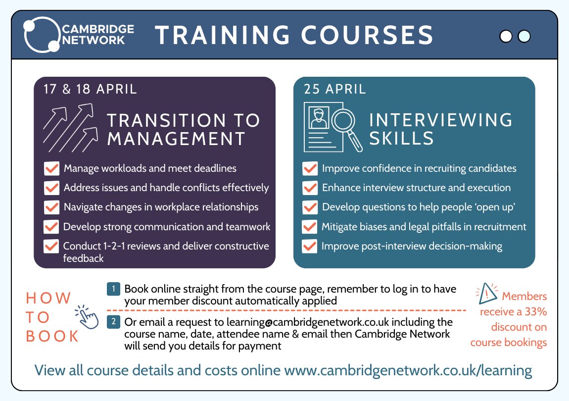 Ready to step into a leadership role? ✔ Ready to lead every interview with ease? ✔ Investing in yourself is a great way to help you advance your career. 🚀 Take a look at the essential skills you can learn with us in April 👉 cambridgenetwork.co.uk/learning/cours… #Training
