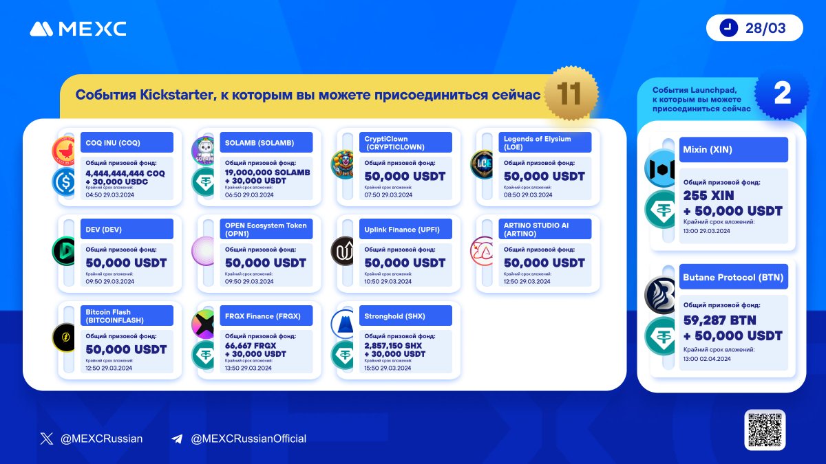 ⚡️Удерживайте $MX для участия в мероприятиях и получайте бесплатные аирдропы токенов!

☀️11 активных #Kickstarter
$COQ $SOLAMB #CRYPTICLOWN $LOE $DEV #OPN1 $UPFI $ARTINO #BITCOINFLASH $FRGX $SHX
🚀2 активных #Launchpad:
$XIN $BTN

▶️Принять участие в мероприятиях от #MEXC: