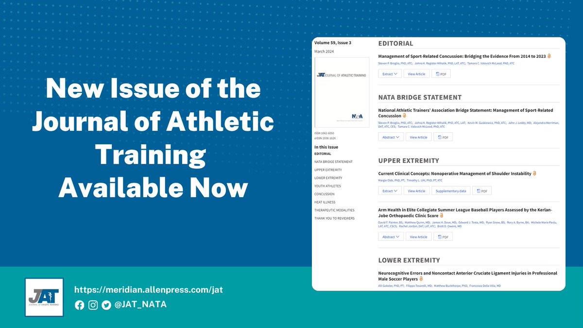 The March Issue of @JAT_NATA is available online now. This issue features: ➡️Bridge statement on concussion management ➡️Non-op management of shoulder instability ➡️Neurocognitive errors in ACL injury ➡️Specialization in middle school athletes Issue: tinyurl.com/92x36k8