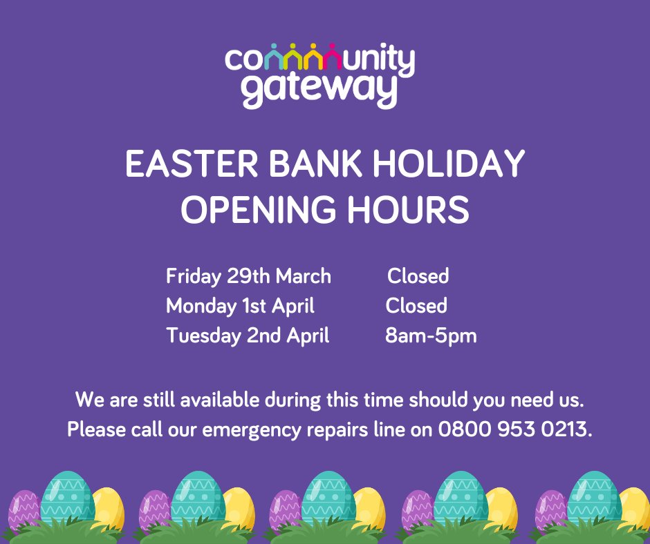 Our phone lines will close for the Easter Bank Holiday weekend at 5pm today (Thursday 28th March) and will re-open at 8am on Tuesday 2nd April. We are still available during this time should you need us. Please call our emergency repairs line on 0800 9530213.