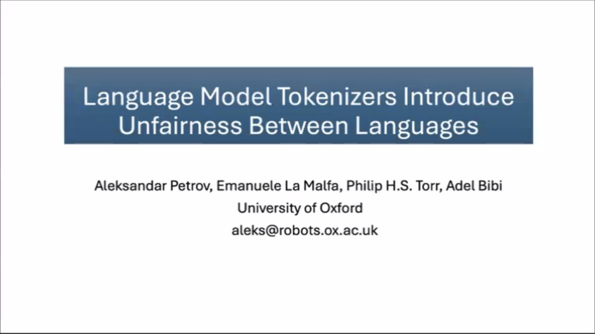 For this week's @MilaNLProc reading group, @Micky_Djiof presented 'Language model tokenizers introduce unfairness between languages' by Aleksandar Petrov et al. Paper: arxiv.org/pdf/2305.15425… #NLProc #ReadingGroup