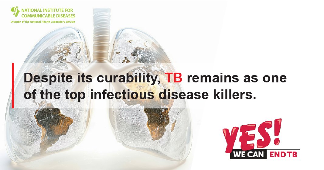 TB, despite being curable, remains the top infectious disease killer. As World TB Month concludes, remember: timely treatment is key. If you experience TB symptoms, seek medical help promptly. Click here for more: nicd.ac.za/tb-frequently-… stoptb.org/world-tb-day/w… #YesWeCanEndTB