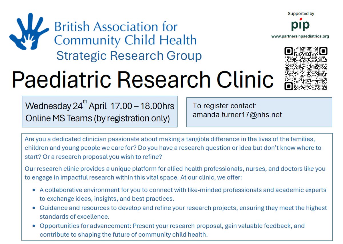 **BACCH Paediatric Research Clinic, 24th April** Are you a clinician passionate about making a difference in the lives of the families, children & young people we care for? If so, please join us for this free virtual clinic. bacch.org.uk/events/paediat…