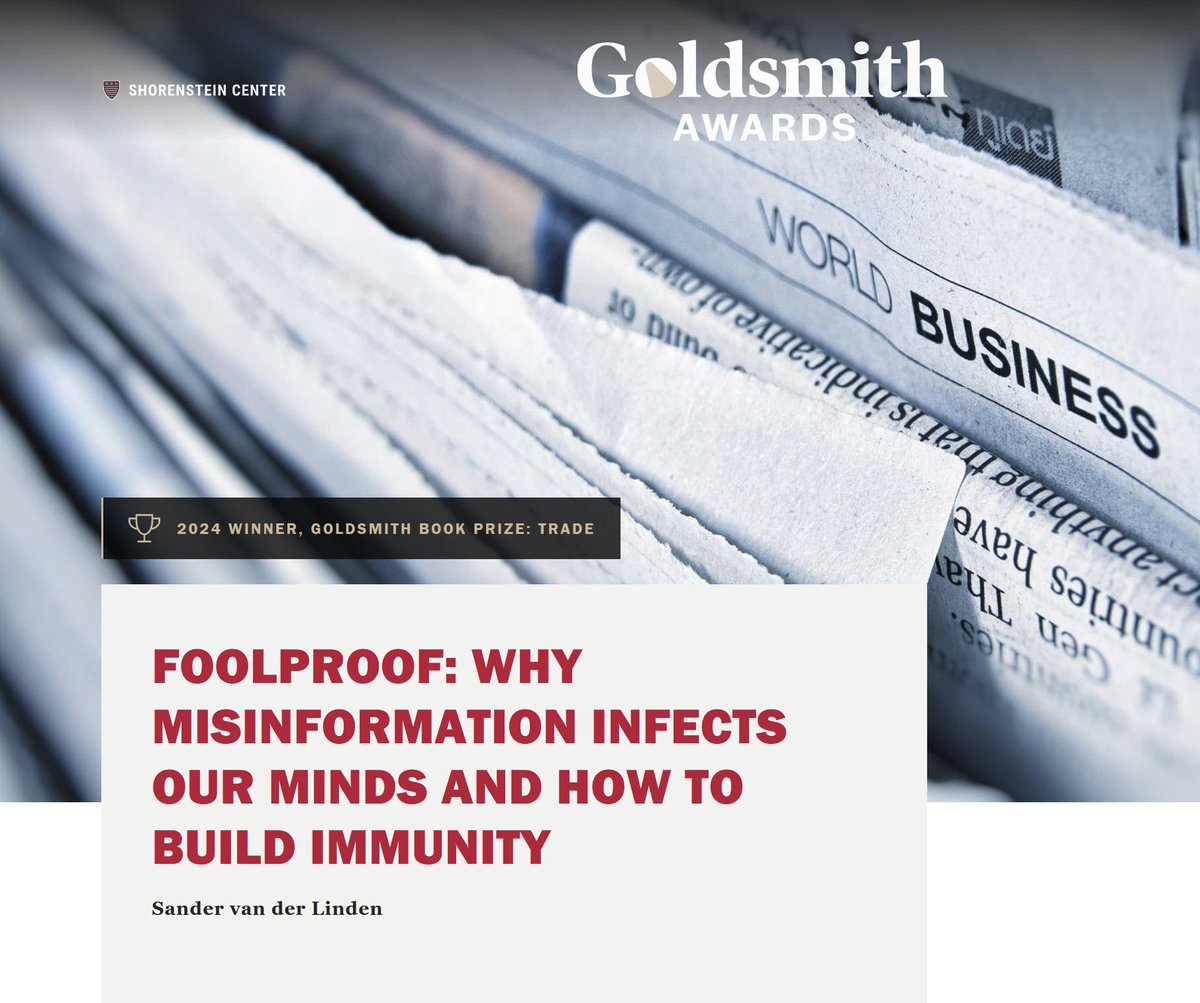I am absolutely delighted to find out #FOOLPROOF has been awarded the #Goldsmith Book Prize 2024 from the @Harvard @Kennedy_School @ShorensteinCtr. So grateful 🙏for this honour & look forward to the ceremony with the other brilliant winners! goldsmithawards.org/ceremony/2024/