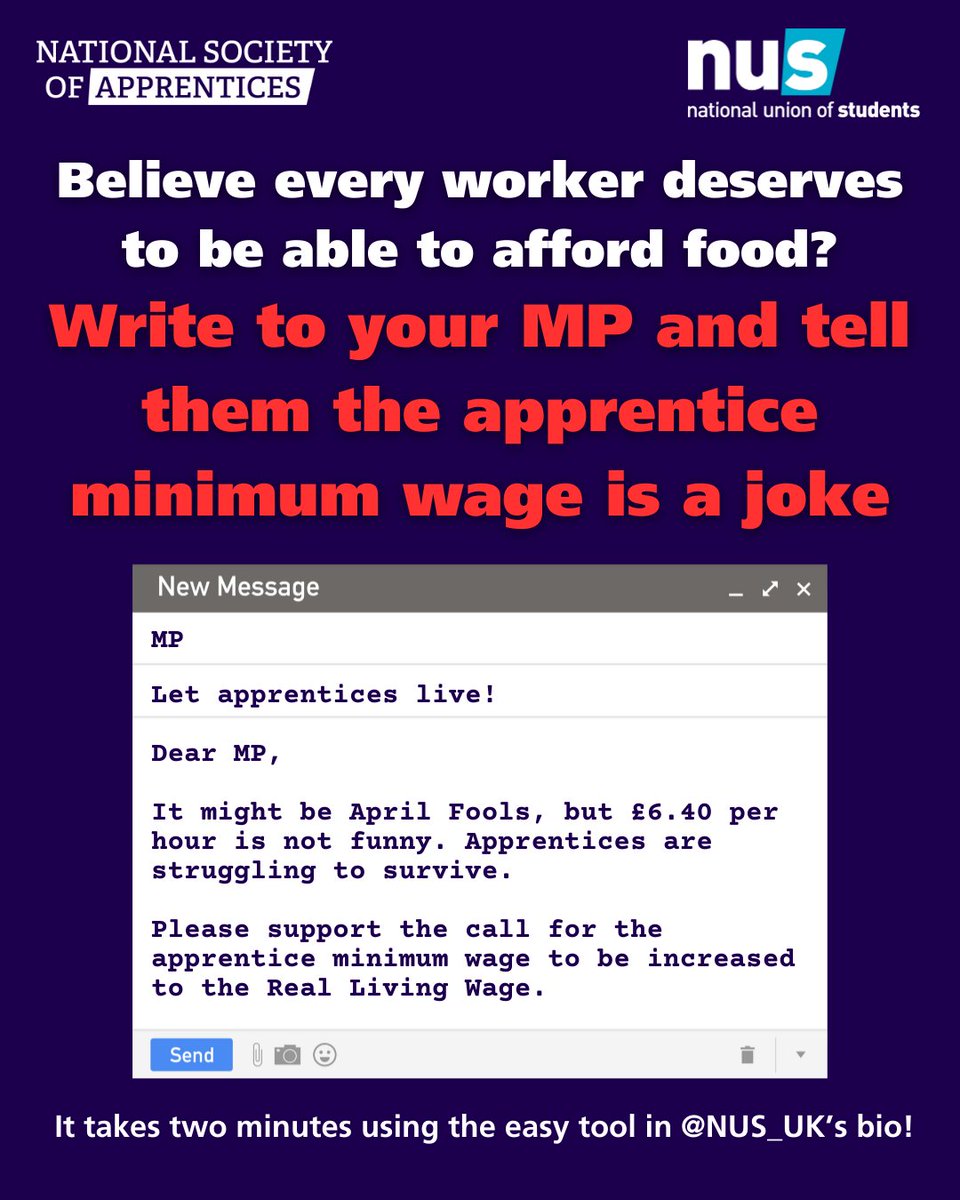 Apprentices are the worst paid workers in the UK. 1 in 3 apprentices aged 18-22 earn under the minimum wage! Take a stand against poverty pay – write to your MP asking them to raise the apprentice minimum wage to the Real Living Wage: nus.org.uk/apprentice-liv…