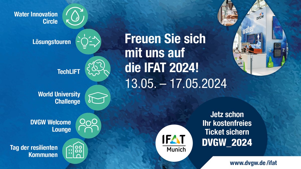 DVGW Deutscher Verein des Gas- und Wasserfaches (@dvgw) on Twitter photo IFAT 2024 - DVGW präsentiert innovative Strategien und Lösungen zu #Trinkwasser und #Wasserstoff 🌍 🌿
Als Partner der <a href="/IFATworldwide/">IFAT worldwide</a> präsentieren wir vom 𝟭𝟯. 𝗯𝗶𝘀 𝟭𝟳. 𝗠𝗮𝗶 Lösungen für die Herausforderungen der #Wasser- & #Energieversorgung.
👉dvgw.de/der-dvgw/aktue… IFAT 2024 - DVGW präsentiert innovative Strategien und Lösungen zu #Trinkwasser und #Wasserstoff 🌍 🌿
Als Partner der <a href="/IFATworldwide/">IFAT worldwide</a> präsentieren wir vom 𝟭𝟯. 𝗯𝗶𝘀 𝟭𝟳. 𝗠𝗮𝗶 Lösungen für die Herausforderungen der #Wasser- & #Energieversorgung.
👉dvgw.de/der-dvgw/aktue…