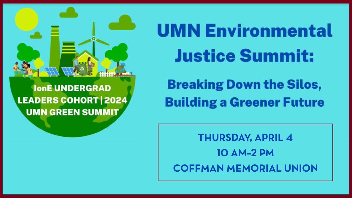 You're invited to the UMN Environmental Justice Summit, taking place in O N E 🌎 W E E K! Students will have the opportunity to connect with community members and organizations within the greater Twin Cities area focused on climate action: ow.ly/XNam50QLNXL @UMNIonE 🌳