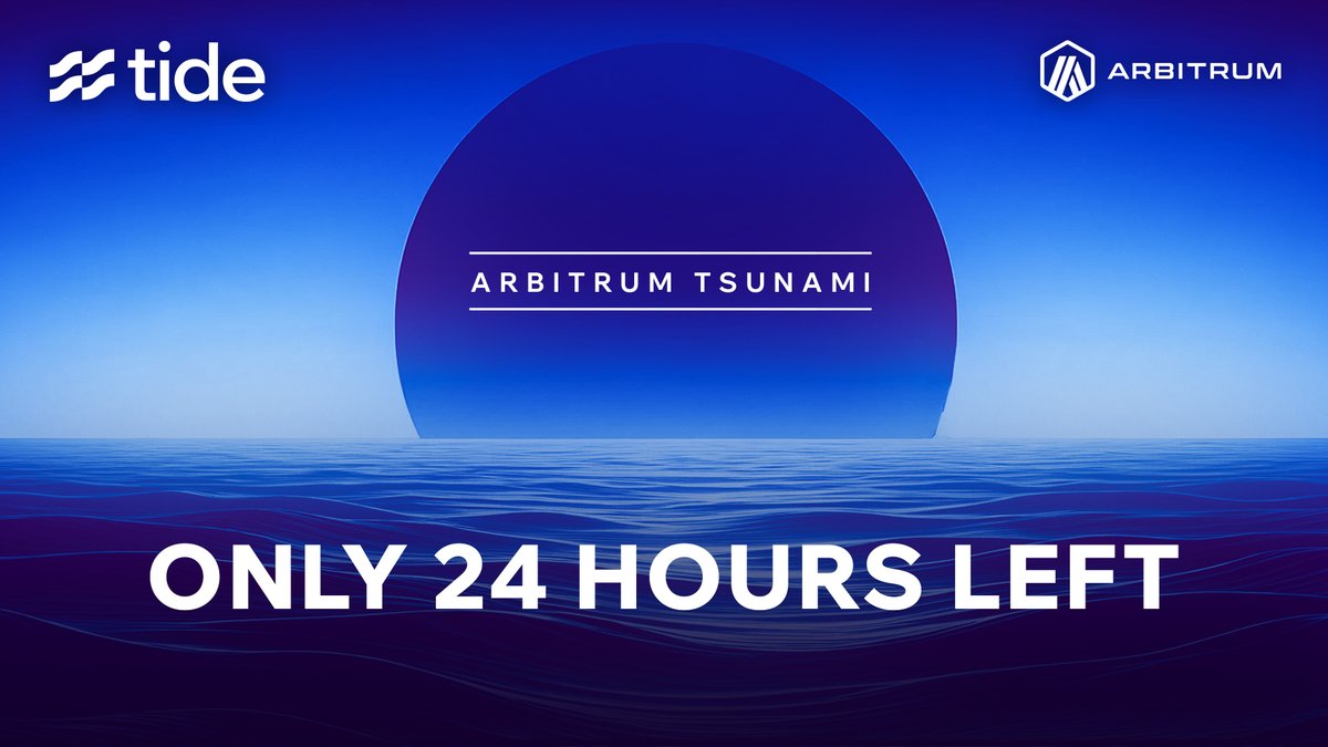 🌊ONLY 24 HOURS LEFT🌊 for taking part in Tide Arbitrum Tsunami, one of Tide's biggest campaigns! 50K ARB in rewards! 🎉Go claim your badges to participate in the raffle. Campaign ends tomorrow 11.49AM UTC. tideprotocol.xyz/users/spaces/1…