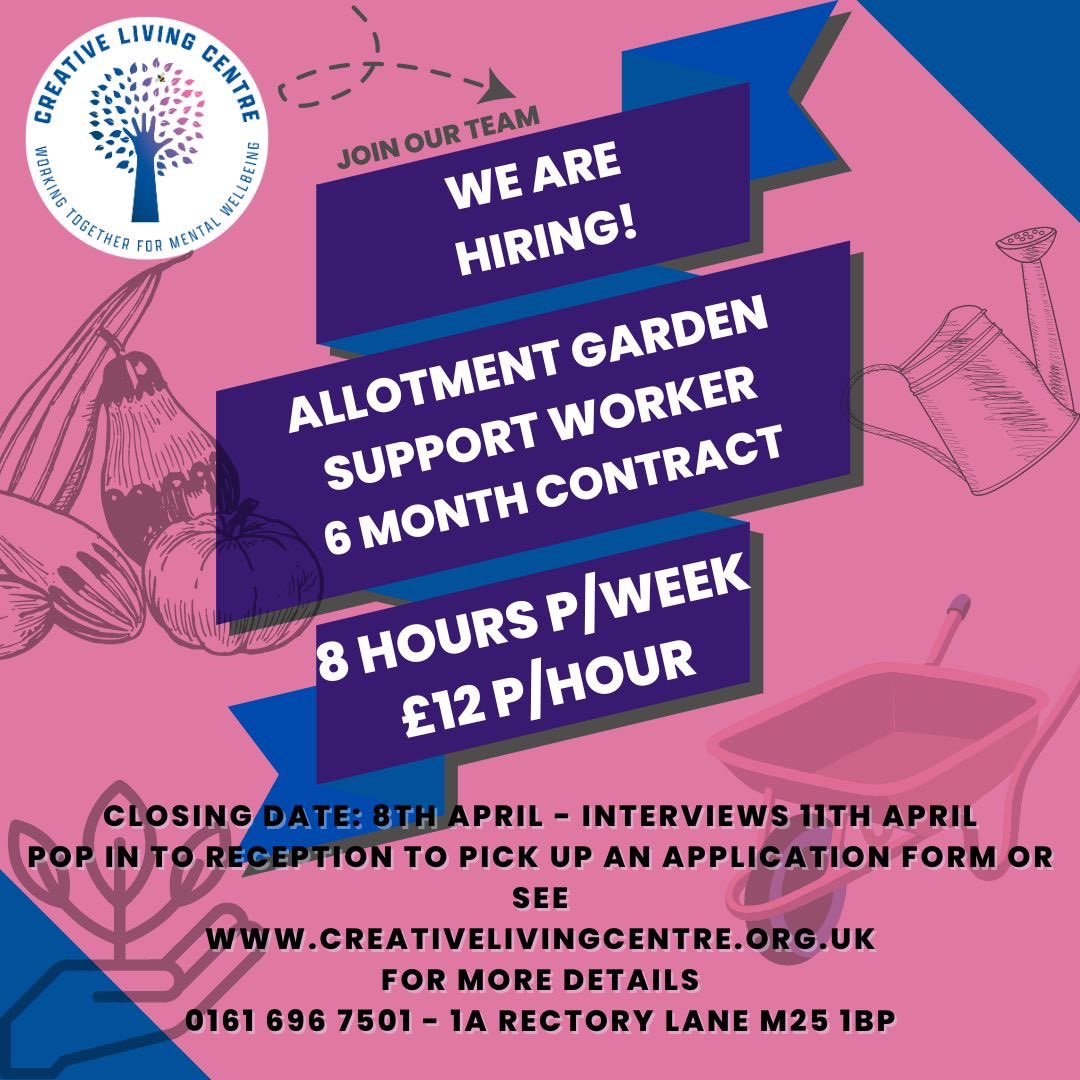 Mental Health Charity - Creative Living Centre (@creativelivingc) on Twitter photo Do you enjoy gardening? Do you have green fingers, like working with people and in the open air?We at <a href="/CreativeLivingC/">Mental Health Charity - Creative Living Centre</a> are hiring an Allotment Garden Support Worker on a 6 month contract. Join us! Do you enjoy gardening? Do you have green fingers, like working with people and in the open air?We at <a href="/CreativeLivingC/">Mental Health Charity - Creative Living Centre</a> are hiring an Allotment Garden Support Worker on a 6 month contract. Join us!