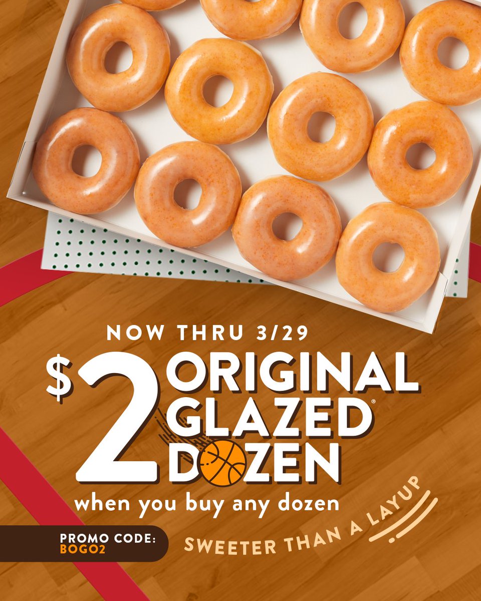 Like a layup, but sweeter: a $2 Original Glazed® Dozen deal! #krispykreme #bracket #doughnutmadness Available 3/28/2024 through 3/31/2024 only at participating U.S. Krispy Kreme shops only and is subject to product availability. See full terms at ms.spr.ly/6017ctv47.