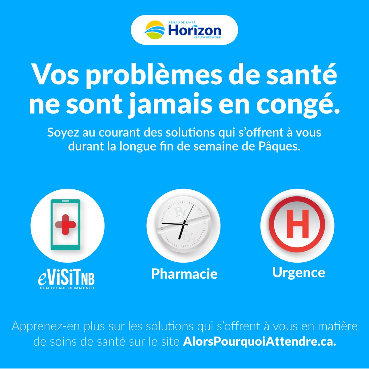 Vos problèmes de santé ne sont pas au courant que la longue fin de semaine de Pâques est à nos portes. Voici les solutions de soins qui vous seront offertes en matière de soins de santé :
1/5