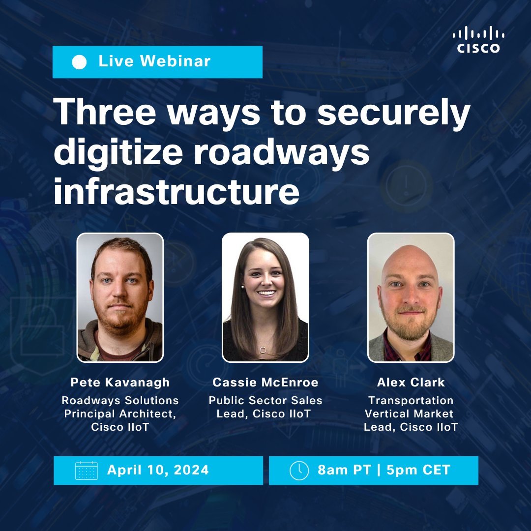 CiscoIIoT's tweet photo. Save a spot for this webinar to learn how @Cisco is helping DoTs, cities and counties digitize roadways infrastructure and reduce cyber risks. 🛣️

Register today: https://t.co/6bhzpFBLOh

#Cybersecurity #OTSecurity #ITSSecurity #Transportation https://t.co/9pi8AfnK5d