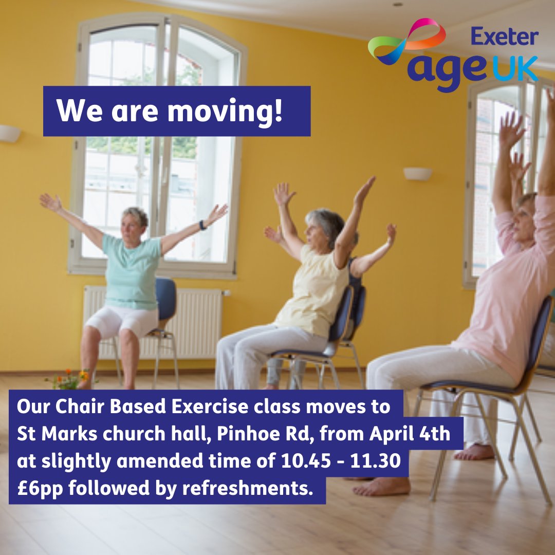 Chair Based Exercise will now be held at St Marks Church Hall Pinhoe Road, Exeter EX4 7HU. Thursdays 10:45 - 11:30 Classes are £6 per person including refreshments. For more information contact Jess 01392 202092