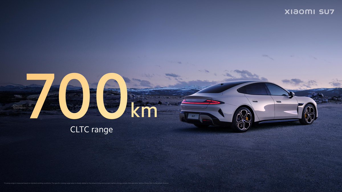 Xiaomi's tweet image. #XiaomiSU7 Max lets you drive back onto the road with an incredible 510 kilometers of range in just 15 minutes of charging.

Even the standard SU7 isn&apos;t far behind, offering a 350-kilometer range boost in the same timeframe. #XiaomiEVLaunch #DrivingForward