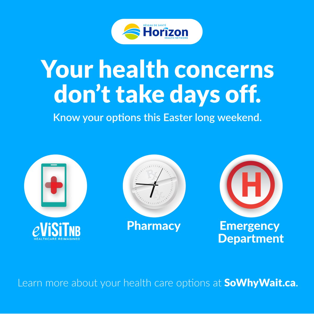 Your medical concerns don’t know that Easter long weekend is around the corner. During the holidays, you have options for health care:
1/4