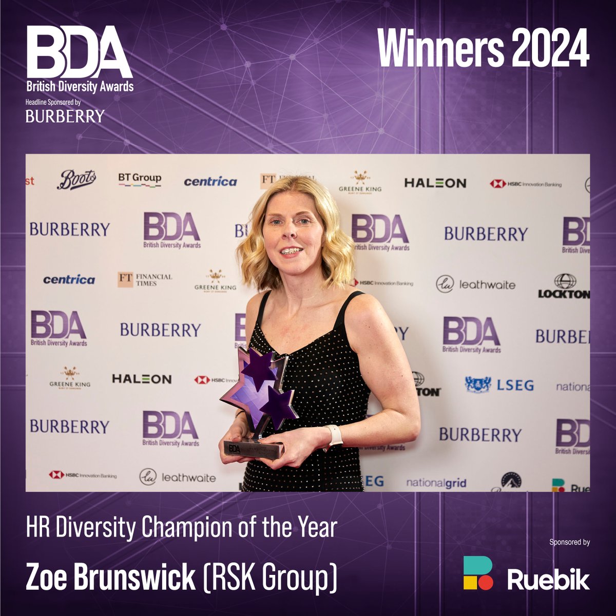 WHAT A NIGHT! The winner of the #Ruebik HR Diversity Champion of the Year Award is… #ZoeBrunswick at @RSKGroup #BDA24 britishdiversityawards.com