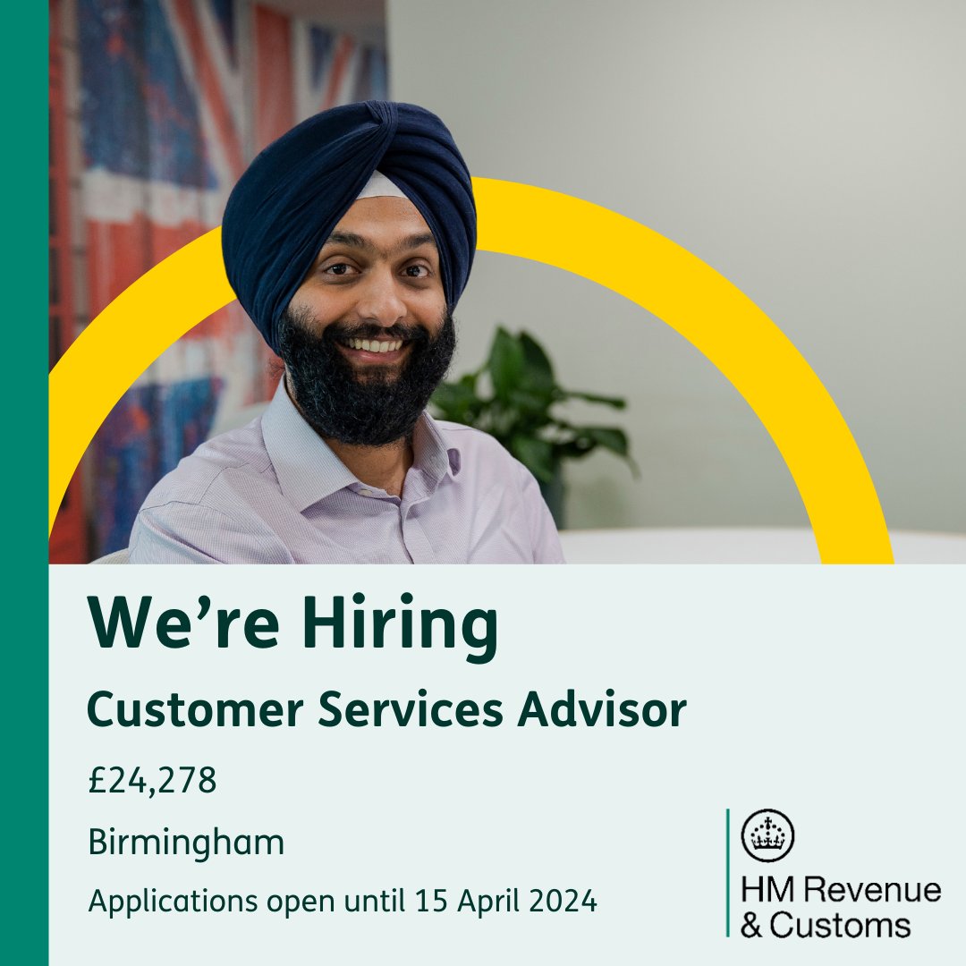 👩‍💻 Customer Services Advisor 💷 Salary: £24,278 We are recruiting for Customer Services Advisors. This is a great role to start your career with us here at HMRC. Apply now. 👇 Birmingham: civilservicejobs.service.gov.uk/csr/jobs.cgi?j… #PeoplePurposePotential #NewJob