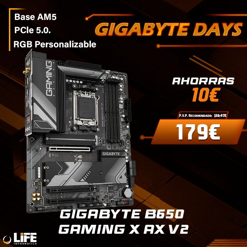 Una placa diseñada para ofrecer un rendimiento 💥EXCEPCIONAL💥. Con iluminación RGB personalizable esta placa se convierte en un MUST para los jugadores🎮y ahora la tenéis de promoción🤯 Más info aquí 👉 n9.cl/6mzveg @aorus_es #LIFEinformatica #Aorus #GIGABYTE