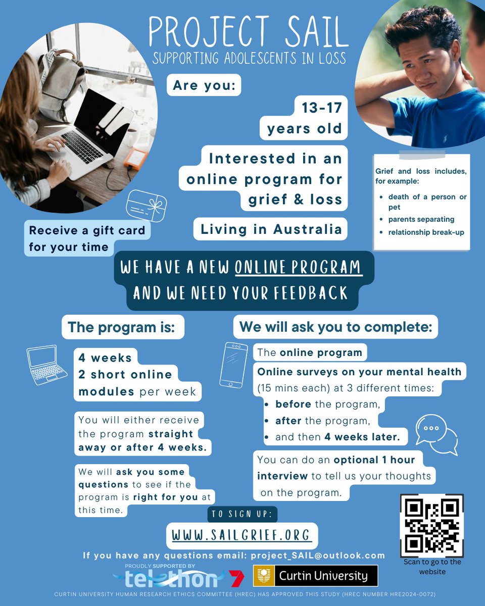 We’re looking for young people aged 13-17 living in Australia to do a new online grief program. Sign up via sailgrief.org ⛵️

@telethon7 #telethon7 #projectSAIL #grief #griefandloss #griefsupport #mentalhealth
