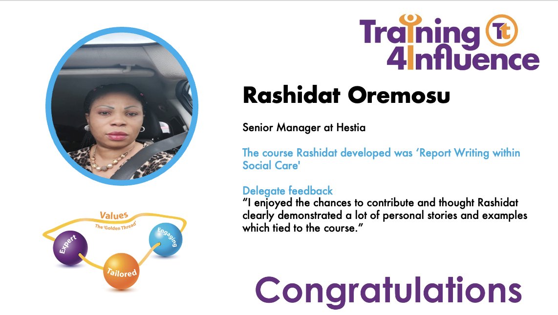 Massive congratulations to Rashidat Oremosu on passing our ‘Train the Trainer’ Programme!

Rashidat is a Senior Manager at Hestia, and she used our methodology to develop her training course ‘Report Writing within Social Care.’

#Training4Influence #TrainTheTrainer #Training