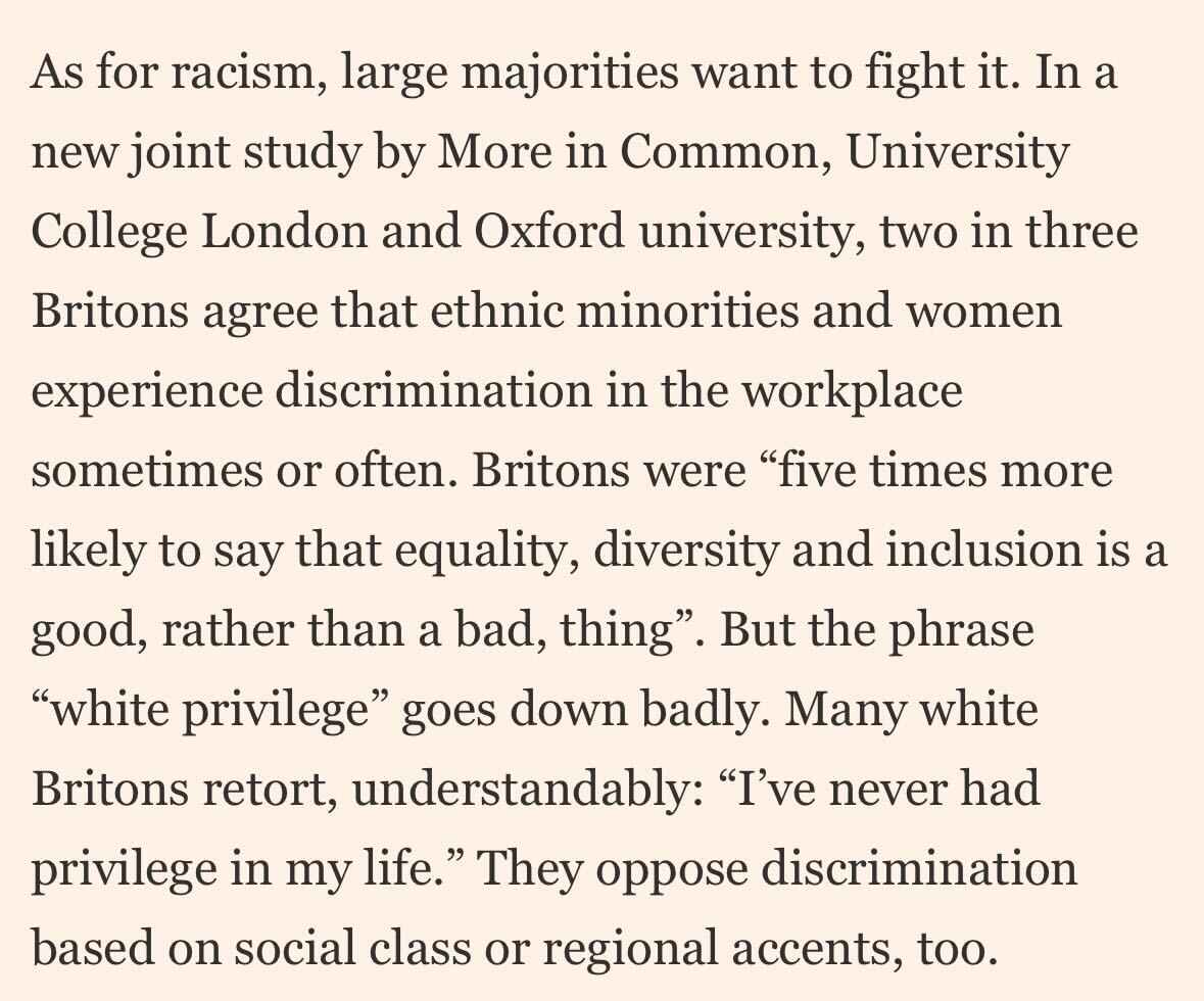 Great piece from @KuperSimon citing our @moreincommon_ @UCLPolicyLab @UniofOxford work on EDI & Brits nuanced views: recognition that discrimination exists, strong desire to tackle it, but aversion to 'us vs them' frames which can minimise other challenges ft.com/content/4b58cc…