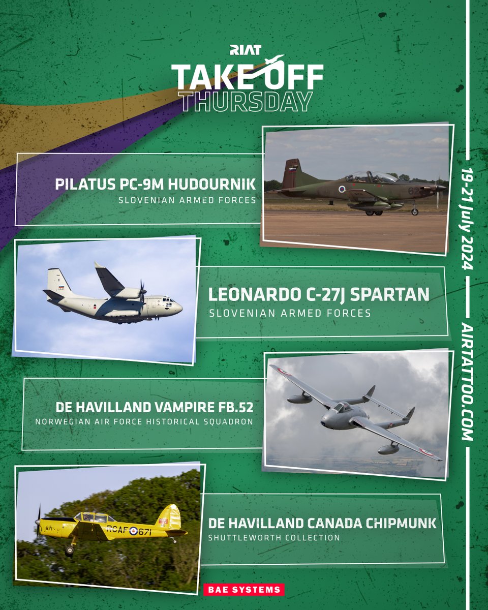 An award-winning display and RIAT debutants make up this week’s aircraft announcement. 

From Slovenia, two Pilatus PC-9Ms and a C-27J Spartan will be participating, we also have a De Havilland Vampire and Chipmunk in recognition of the <a href="/RCAF_ARC/">Royal Canadian Air Force</a>’s centenary.