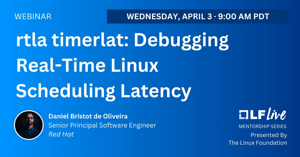 ELISA Project (@projectelisa) on Twitter photo Join <a href="/RedHat/">Red Hat</a>'s <a href="/bristot/">Daniel Bristot de Oliveira</a> on Wed, April 3 at 9 am PDT for a #Mentorship Session: “rtla timerlat: Debugging Real-Time #Linux Scheduling Latency.” Learn more & register: hubs.la/Q02q-J920 <a href="/linuxfoundation/">The Linux Foundation</a> <a href="/projectelisa/">ELISA Project</a> #OpenSource #LinuxKernel Join <a href="/RedHat/">Red Hat</a>'s <a href="/bristot/">Daniel Bristot de Oliveira</a> on Wed, April 3 at 9 am PDT for a #Mentorship Session: “rtla timerlat: Debugging Real-Time #Linux Scheduling Latency.” Learn more & register: hubs.la/Q02q-J920 <a href="/linuxfoundation/">The Linux Foundation</a> <a href="/projectelisa/">ELISA Project</a> #OpenSource #LinuxKernel