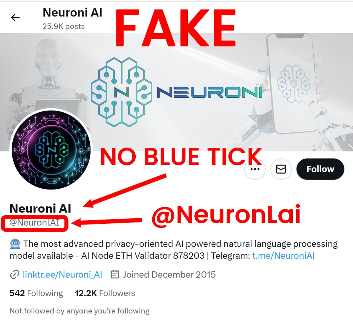 Neuroni AI (@neuroniai) on Twitter photo π’Call to the community
A fake twitter account is currently running rampant and has already caused some community members to lose money.
Please report it massively: <a href="/NeuronlAI/">Neuroni AI</a>
It's a split-second action that can save a lot of people.
There are NO NEURONI AI airdrops, events π’Call to the community
A fake twitter account is currently running rampant and has already caused some community members to lose money.
Please report it massively: <a href="/NeuronlAI/">Neuroni AI</a>
It's a split-second action that can save a lot of people.
There are NO NEURONI AI airdrops, events