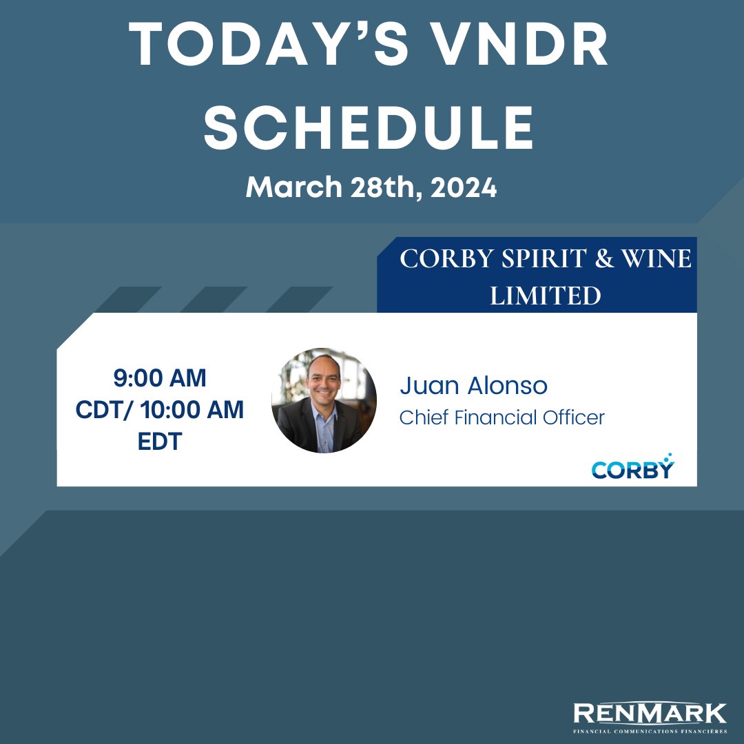 Be part of our virtual audience today for Corby Spirit & Wine Limited's Virtual presentations, streaming live! #RenmarkVNDR Registration CSW: ow.ly/rC8H50QXLiz #Renmark #CSW #Spirits #wines