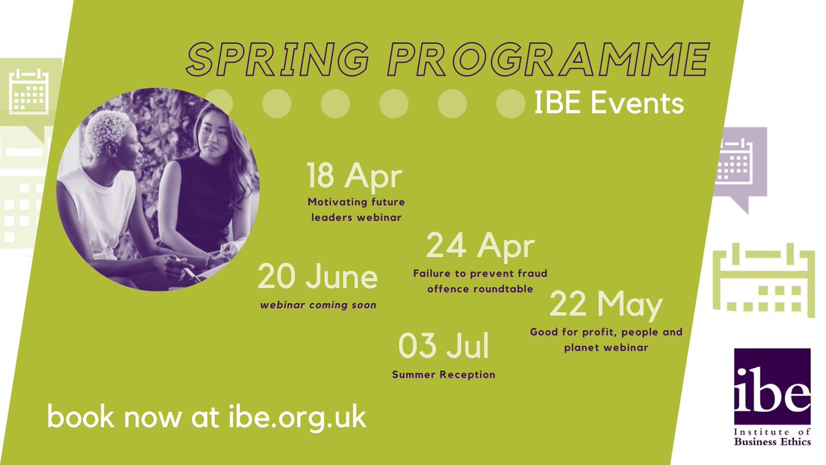 Upcoming IBE #webinars 🎆18 Apr Motivating future leaders - listening to ethical leaders of tomorrow bit.ly/IBEwebinar1804… 🎆22 May Good for profit, people & planet – why organisational culture should be a cornerstone of investor analysis bit.ly/IBEwebinar2205… #businessethics