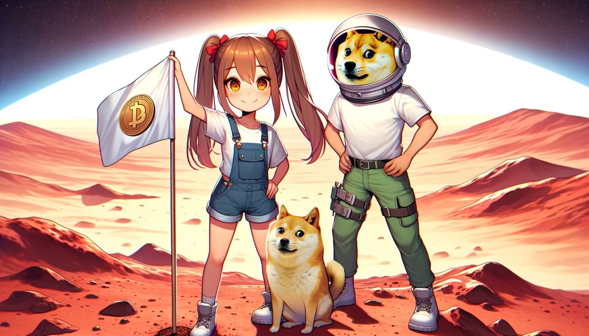 Capturing a monumental moment as our anime girl alongside Doge plants  the first meme coin flag on Mars! 🚀🪐 A giant leap for meme-kind,  marking #AniMeme's cosmic reach and interstellar ambition! 🌌🏴  #MarsMemeMission #NewFrontiers