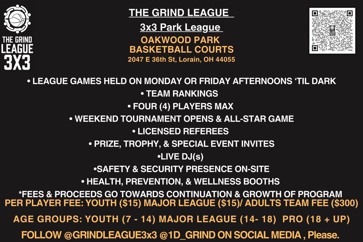 If you play or used to play 🏀ball. I’m starting a #3x3basketball league in the summer at #OakwoodPark. Monday & Friday afternoons starting June 10th! 
I just wanna give back to the youth and young people of Lorain County in a cool and healthy way. #GetMotiv #TheGrindLeague