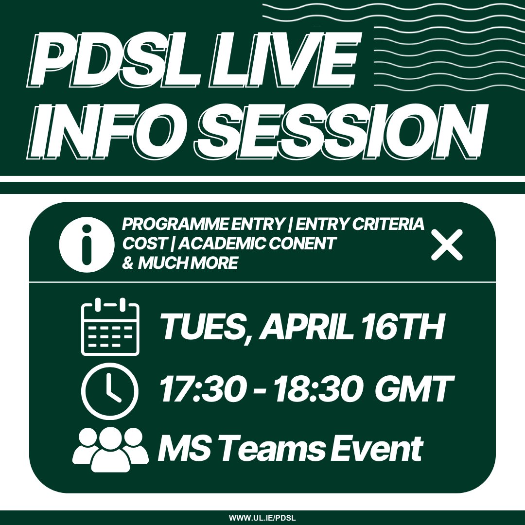 🔔PDSL Live Info Session
📅Tuesday April 16th
🕠17:30 GMT
👥MS Teams

ℹ️ Topics covered including Programme Entry, Entry Criteria, Cost, Academic Content &amp; More

Link to register: events.teams.microsoft.com/event/a42be47e…