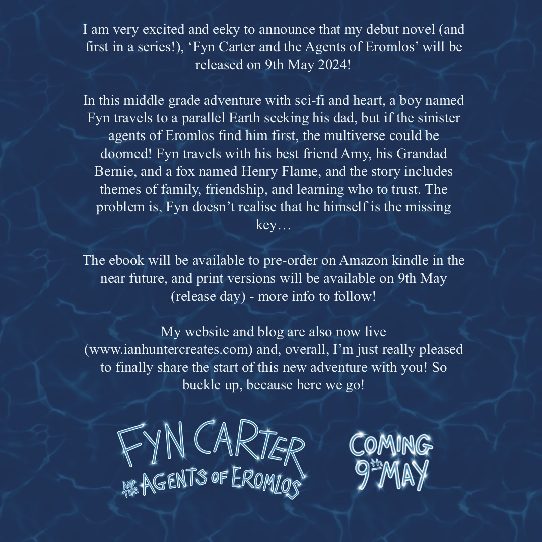 In exciting and incredibly eeky news, my debut novel (and first in a series), 'Fyn Carter and the Agents of Eromlos' will be released on 9th May 2024! It's been a long time coming! #WritingCommunity #CoverReveal #FynCarter #WritersLife #AuthorsOfTwitter #KidLit #MGBooks