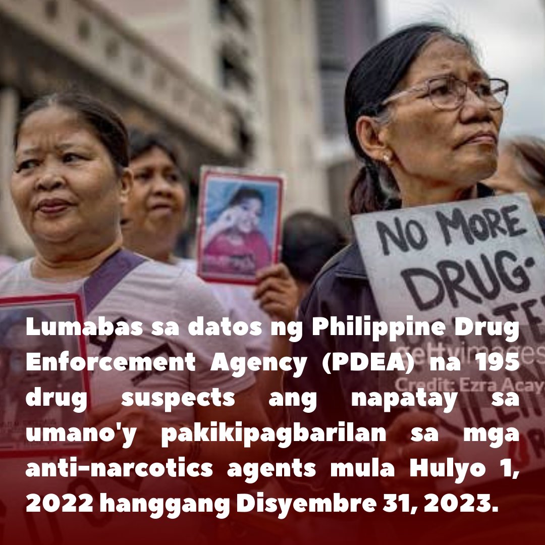 Ayon sa PDEA ay 195 drug suspects ang napatay sa umano'y panlalaban sa mga anti narotics agent mula Hunyo 1 2022 hanggang Disyembre 31, 2023.

Basahin: x.com/unitedloyalist…

#PBBMGoodNews #UnitedLoyalist
