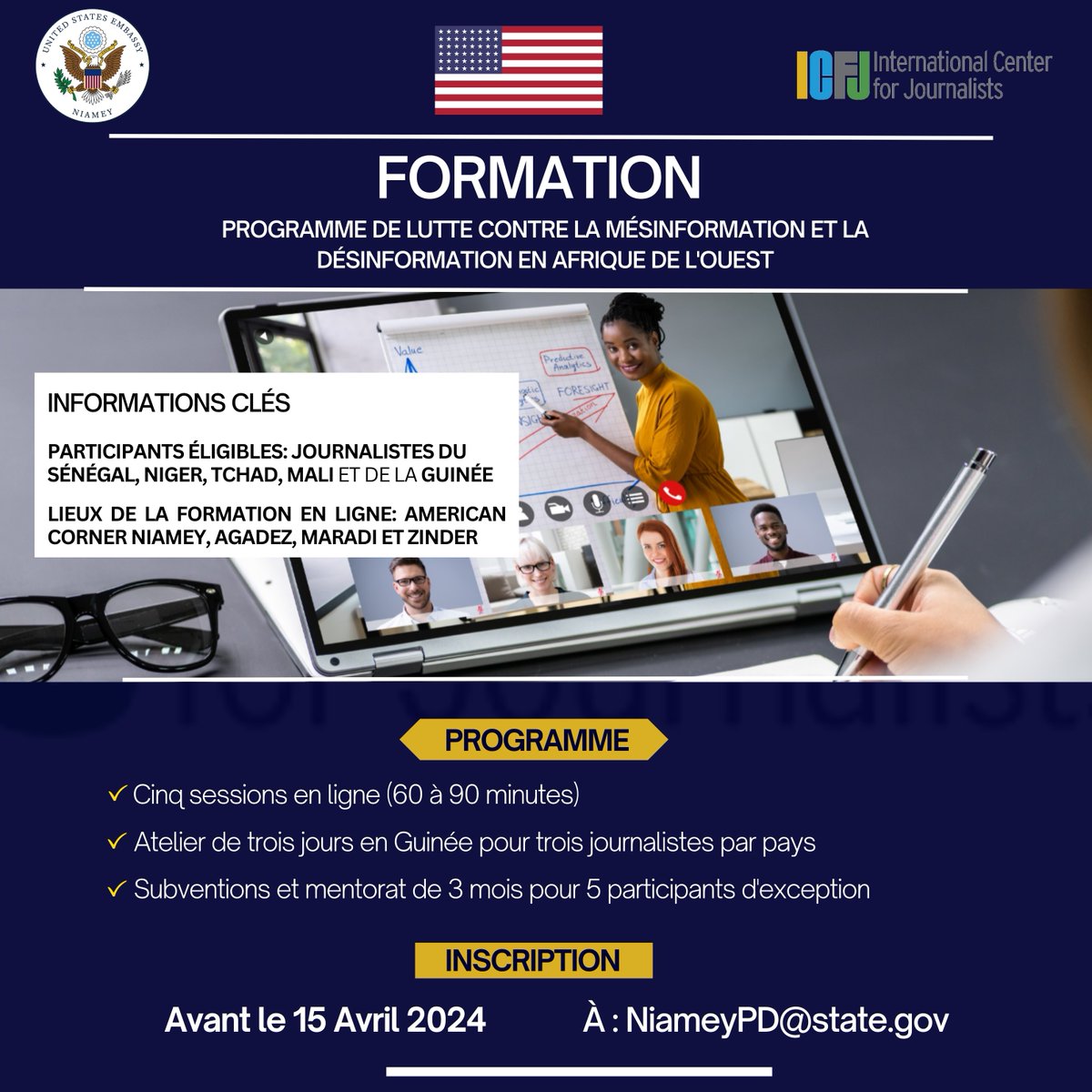 🎙️ Chers journalistes, la date limite de candidature au programme de formation de notre ambassade en collaboration avec le Centre international des journalistes (ICFJ) a été prolongée jusqu'au 15 avril 2024.

Thème: "Renforcer le journalisme régional par le renforcement des