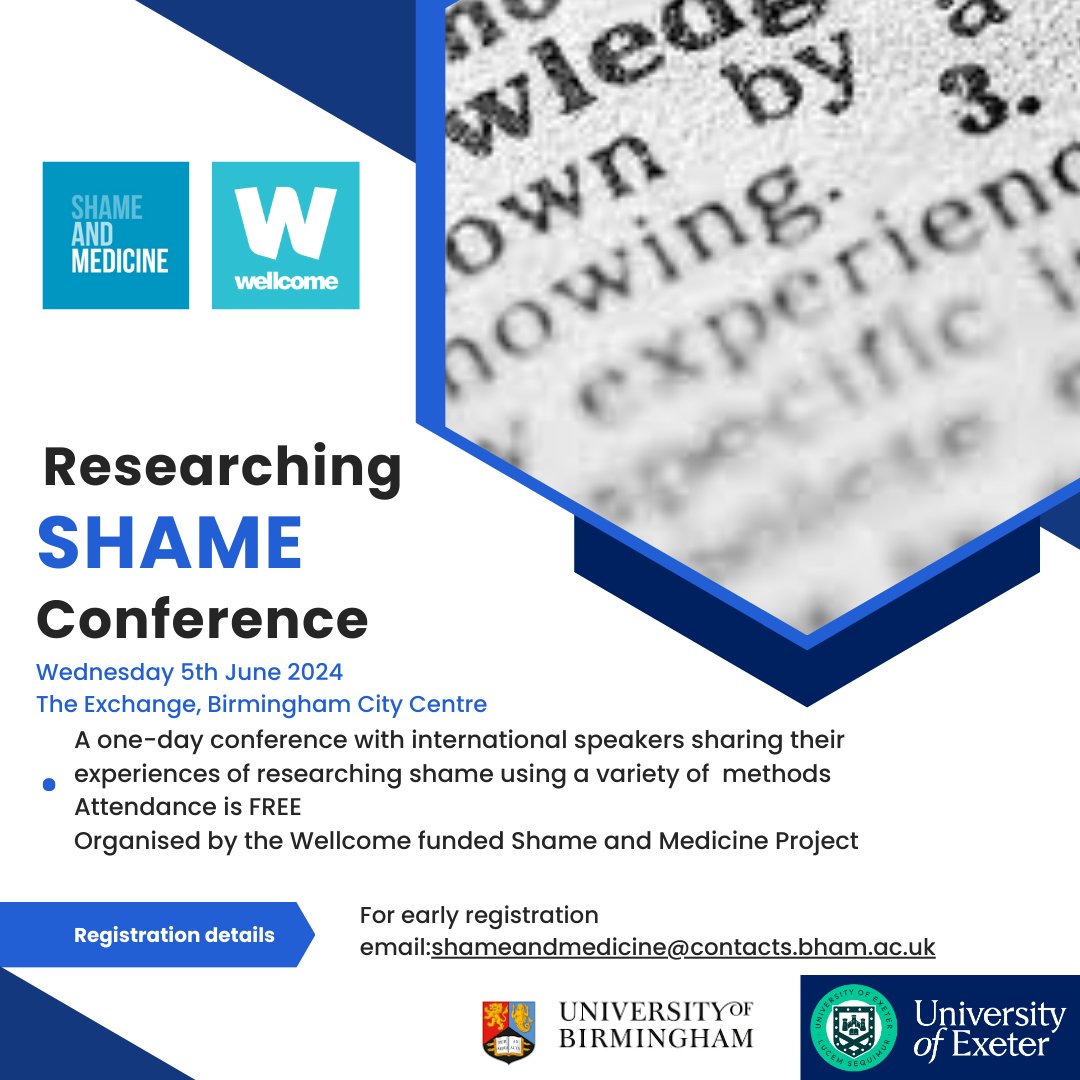 Join us for the @shame_medicine RESEARCHING SHAME conference 6th June 2024 in-person at The Exchange in Birmingham City Centre. Free event and all are welcome! Registration and further details are here: tickettailor.com/events/wellcom…