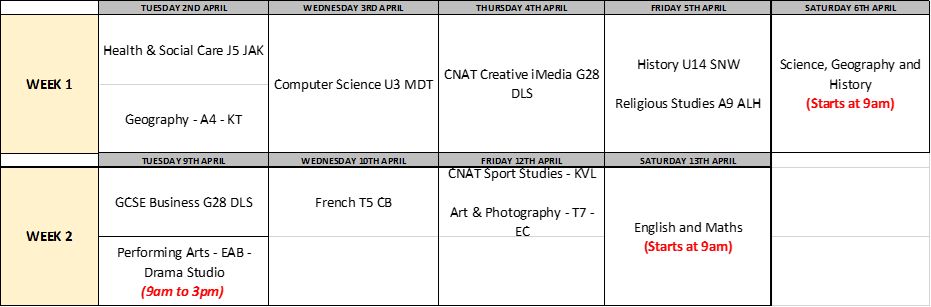 Our Year 11 Easter intervention timetable: